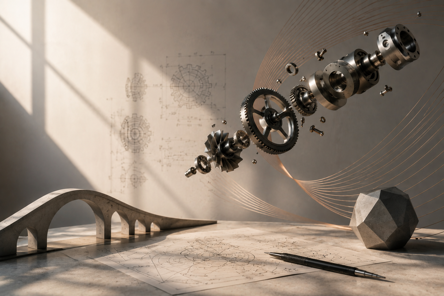 Mechanical engineering components in an exploded composition